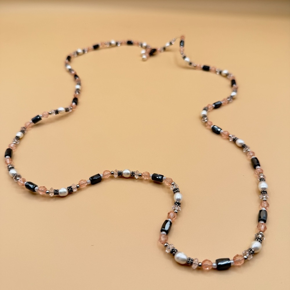 Long Freshwater Pearl Peach Crystal Black Faceted Bead Necklace Boho Vintage